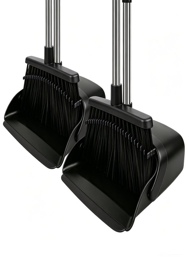 UDUK Broom and Dustpan Set 2 Pack, Upright Stand Up Broom and Dustpan Combo with Long Handles, Self-Cleaning Dustpan Teeth, Indoor Outdoor Sweeping Set for Home, Kitchen, Garage Pet Areas Black - Image 1