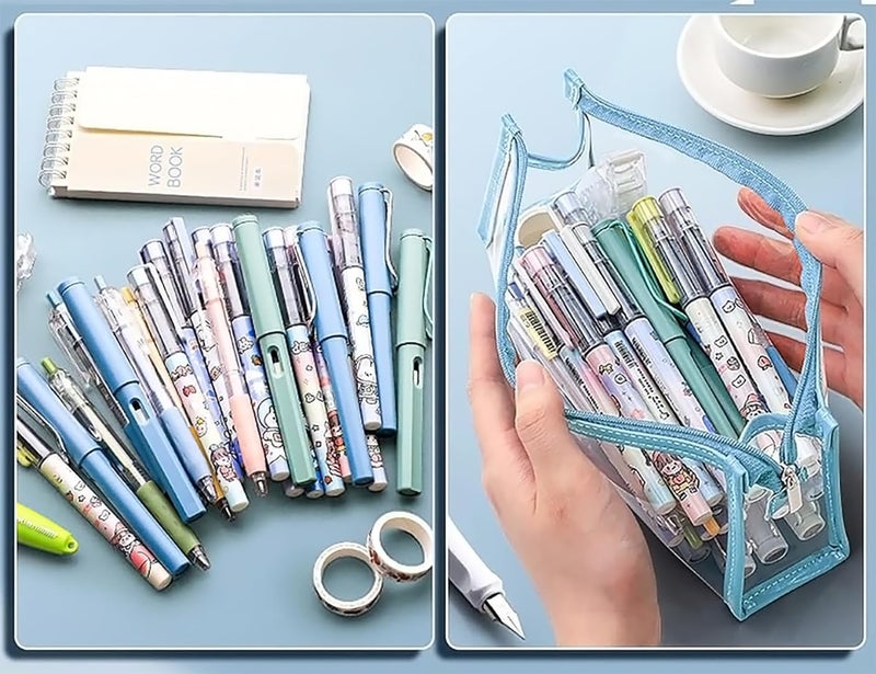 GLUN® حقيبة stationery شفافة بسحاب للفتيات والفتيان، منظم للمدرسة، الكلية، المكتب، حقيبة تجميل لطيفة للنساء، حقيبة متعددة الاستخدامات، لون أزرق، عبوة من 3 - Image 3