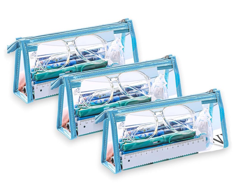 GLUN® حقيبة stationery شفافة بسحاب للفتيات والفتيان، منظم للمدرسة، الكلية، المكتب، حقيبة تجميل لطيفة للنساء، حقيبة متعددة الاستخدامات، لون أزرق، عبوة من 3 - Image 1