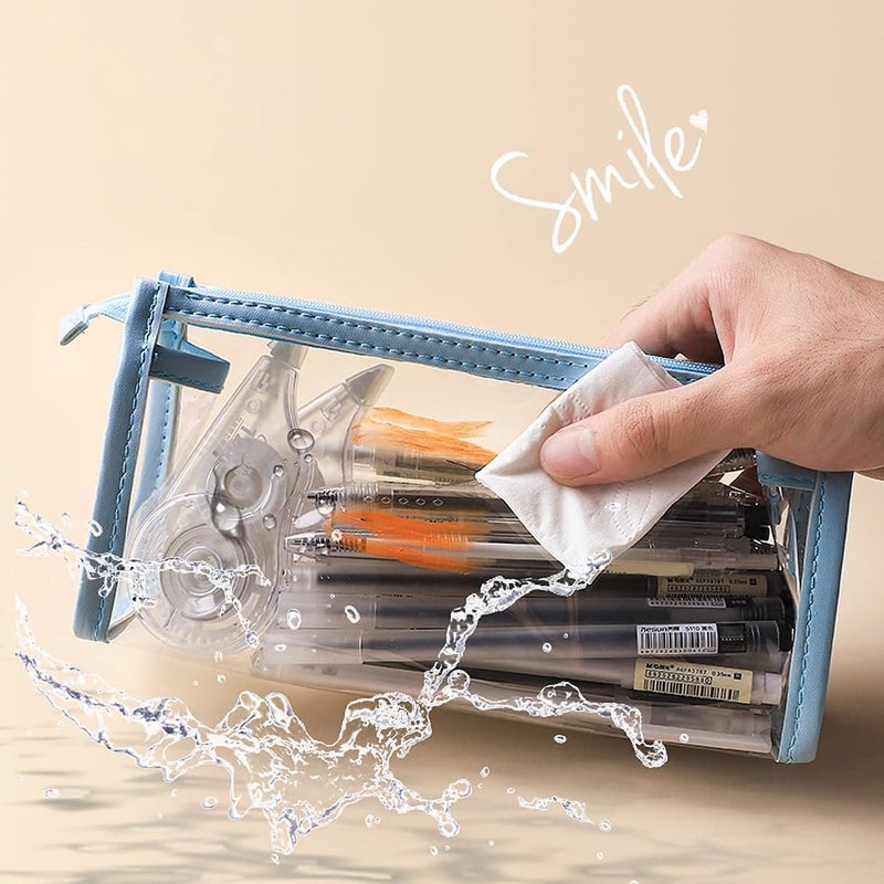 GLUN® حقيبة stationery شفافة بسحاب للفتيات والفتيان، منظم للمدرسة، الكلية، المكتب، حقيبة تجميل لطيفة للنساء، حقيبة متعددة الاستخدامات، لون أزرق، عبوة من 3 - Image 2