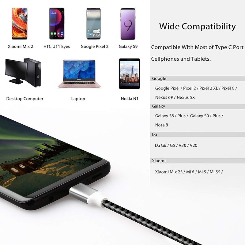 فاسجير كيبل USB C، عبوة واحدة بطول 10 قدم من النايلون المضفر، كيبل شحن ومزامنة USB نوع C متوافق مع جالكسي S10/S9/S8+، نوت 9، هواوي P20 الخ (اسود) - Image 5