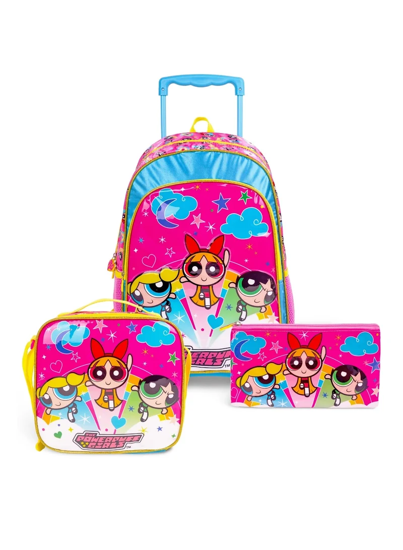 وارنر بروس. 18 Inch Kids 3-in-1 Trolley School Bag Set - Ergonomic Backpack, Insulated Lunch Bag &amp; Pencil Case,Lightweight, Durable, Students 6+ - Perfect for Travel &amp; School,For Girls