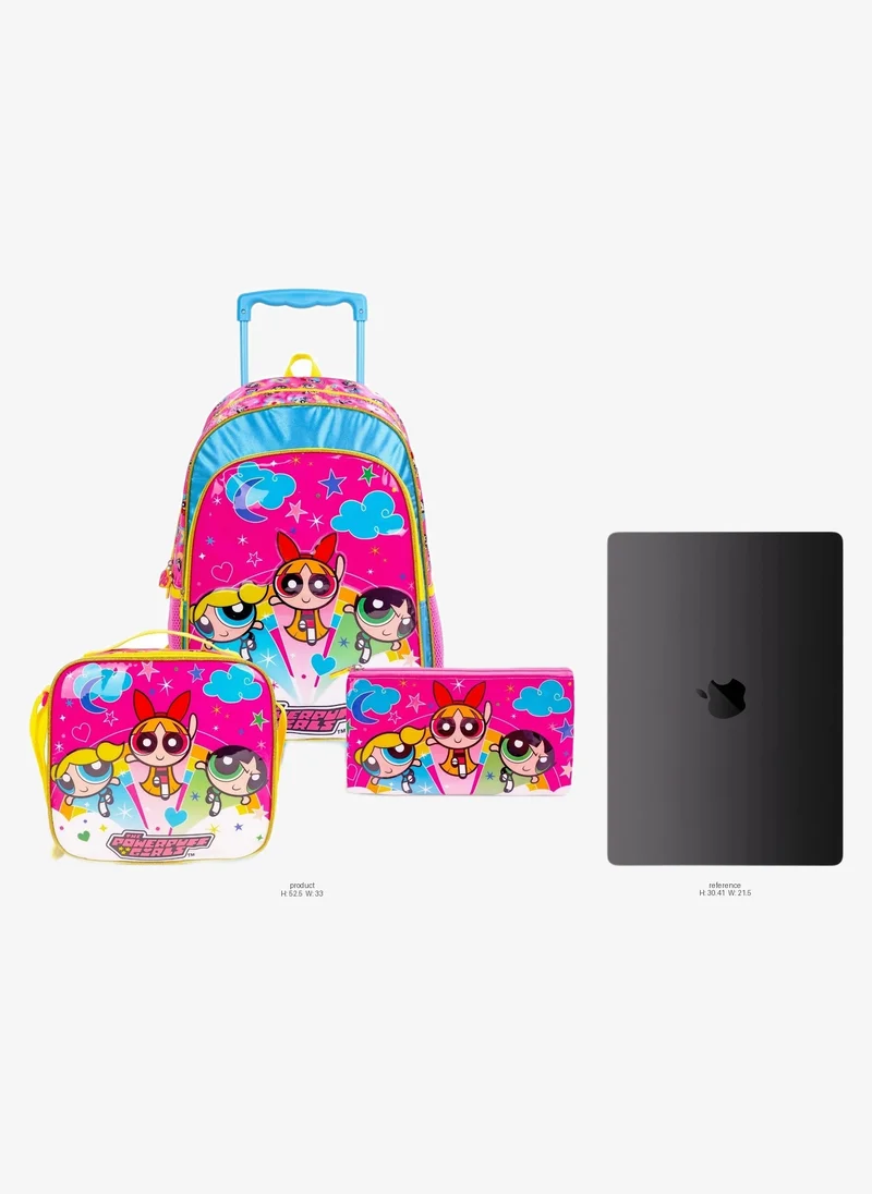 Warner Bros. Powerpuff Girls 3-in-1 Trolley School Bag Set, 18-Inch- Rolling Backpack, Lunch Bag & Pencil Case for Kids for Girls, School Bag