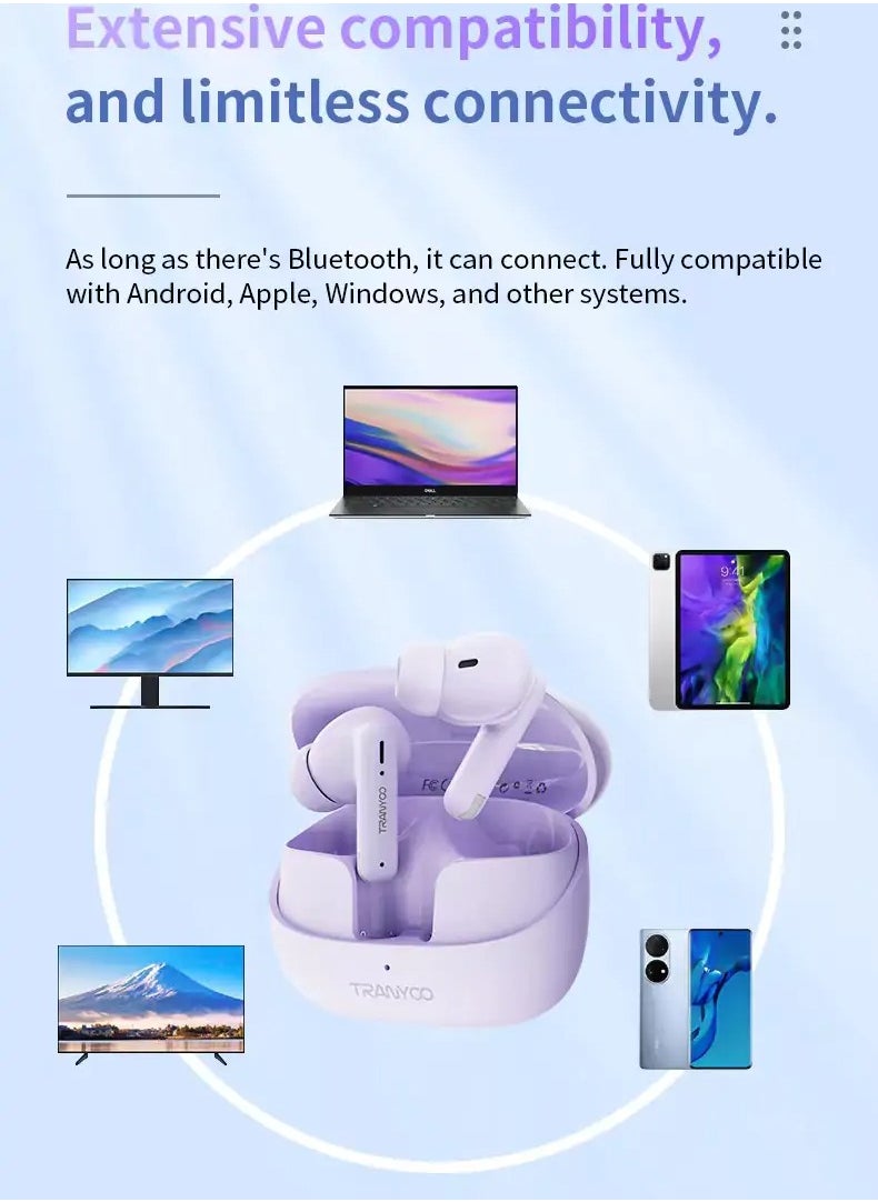 Generic - M26 TRANYOO TWS Bluetooth 5.3 Wireless Bluetooth Earphone Sports Waterproof Gaming Earpod Touch Stereo Headset With Mic Purple - Image 1