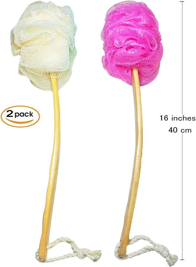 JINS-Hung Shower Loofah Body & Back Scrubber - Exfoliating Loofah Bath Brush On a Stick - with Long Wooden Handle Back Brush for Men & Women - Easy Reach Body Wash & Lotion Applicator（ 2 Pack- White&Red） - Image 3