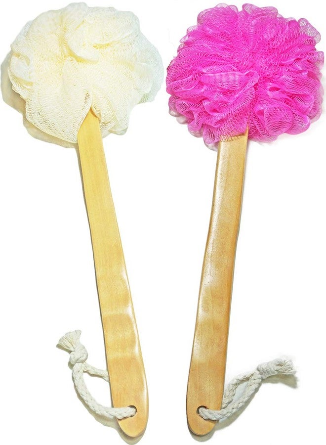 JINS-Hung Shower Loofah Body & Back Scrubber - Exfoliating Loofah Bath Brush On a Stick - with Long Wooden Handle Back Brush for Men & Women - Easy Reach Body Wash & Lotion Applicator（ 2 Pack- White&Red） - Image 1
