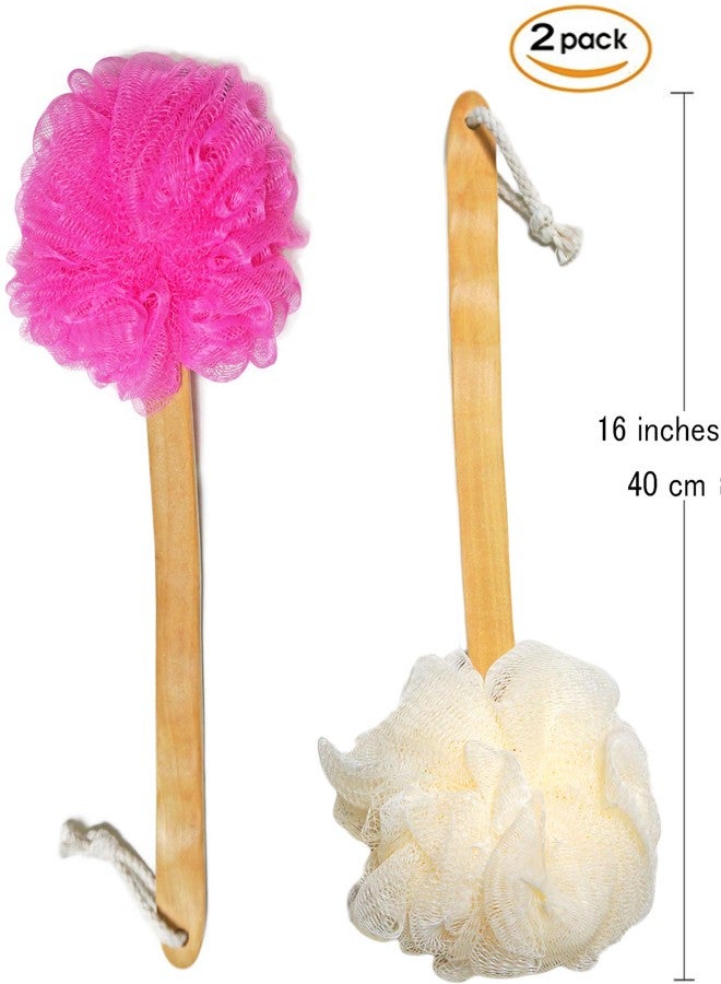JINS-Hung Shower Loofah Body & Back Scrubber - Exfoliating Loofah Bath Brush On a Stick - with Long Wooden Handle Back Brush for Men & Women - Easy Reach Body Wash & Lotion Applicator（ 2 Pack- White&Red） - Image 2