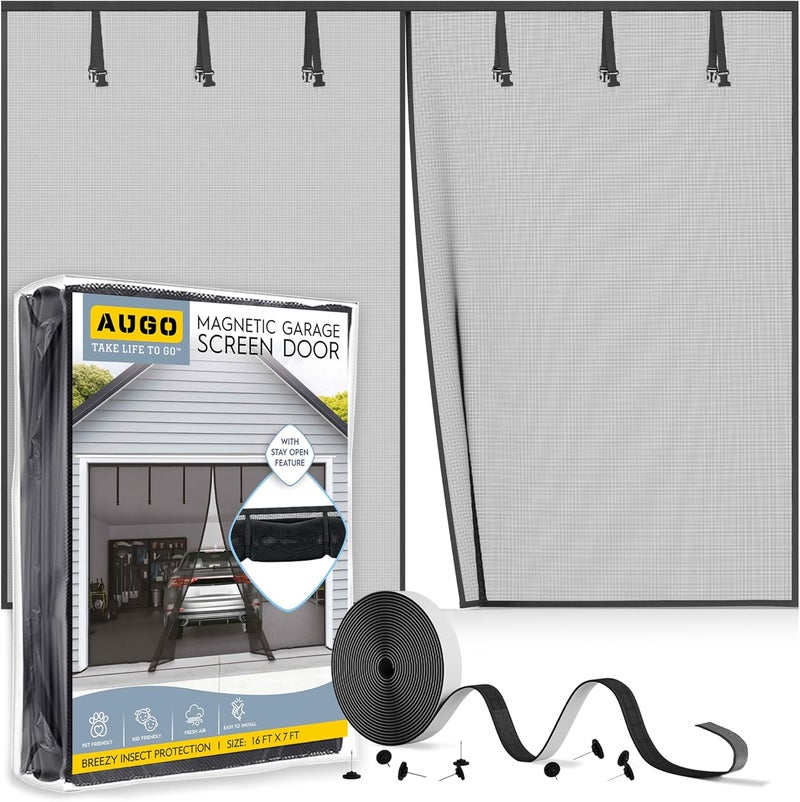 AUGO Garage Door Screen, 2 Car 16x7FT, Fiberglass mesh with Magnetic Closure, Heavy Duty Weighted Bottom, Easy Assembly & Pass, Hands Free Screen Door - Image 1