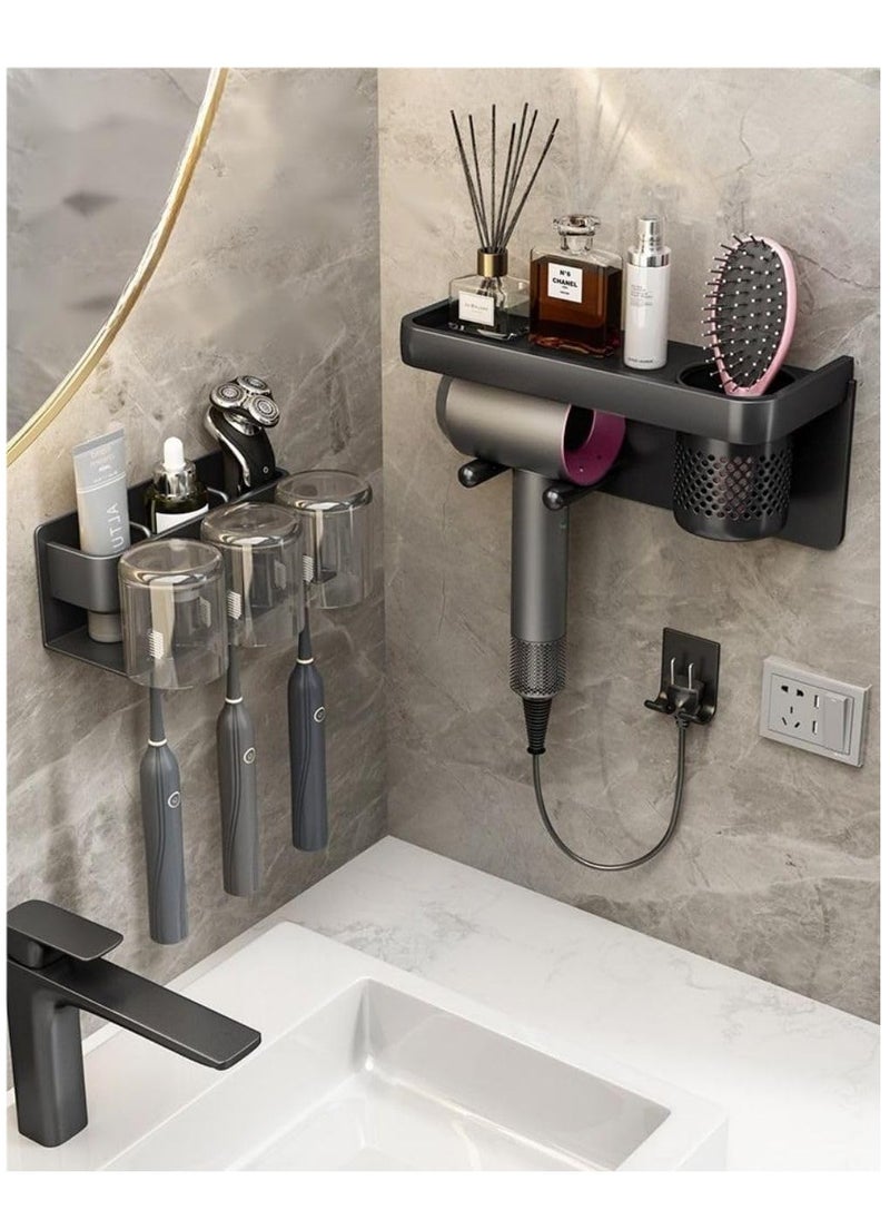 Cool Baby COOLBABY Wall-Mounted Bathroom Storage Rack Punch-Free Hair Dryer Holder and Wall-Mounted Toothbrush Holder Toothbrush Storage Box With 3 Cups Black  - Image 1