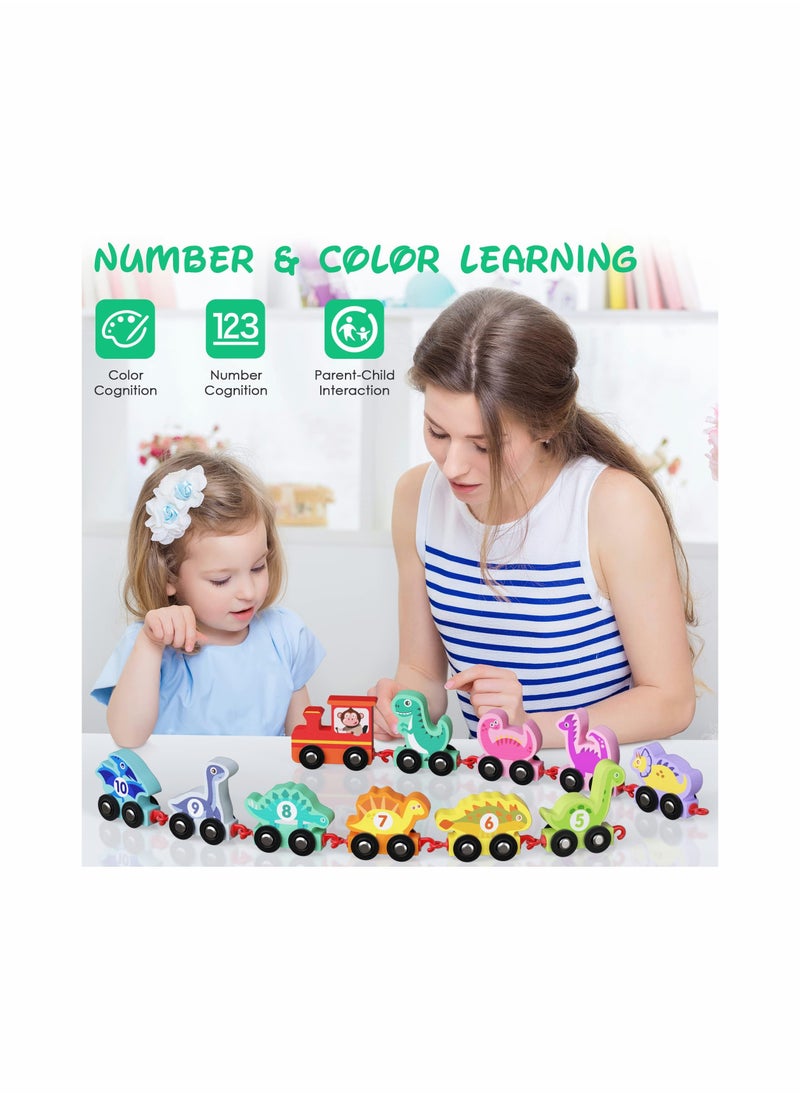 SYOSI Wooden Dinosaur Train Set with Numbers,11 Pieces Train Cars Includes Locomotive , Count & Color Montessori Educational Toys for Toddlers Age 1 2 3 4  - Image 3
