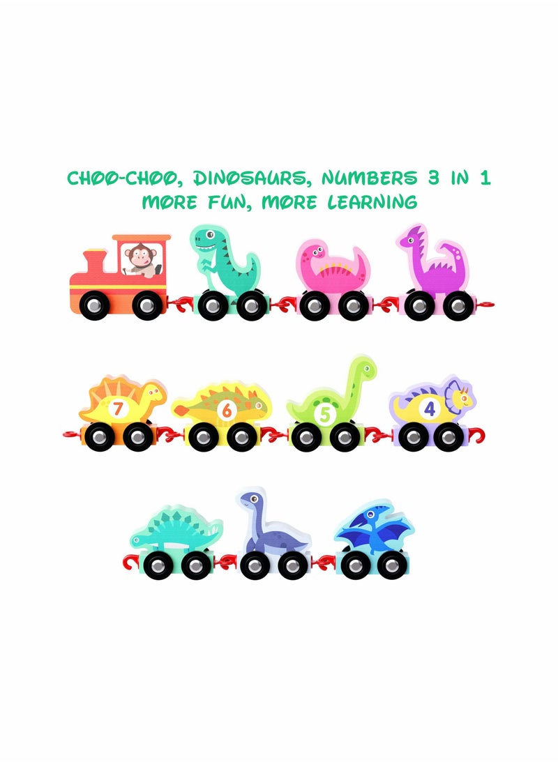 SYOSI Wooden Dinosaur Train Set with Numbers,11 Pieces Train Cars Includes Locomotive , Count & Color Montessori Educational Toys for Toddlers Age 1 2 3 4  - Image 2
