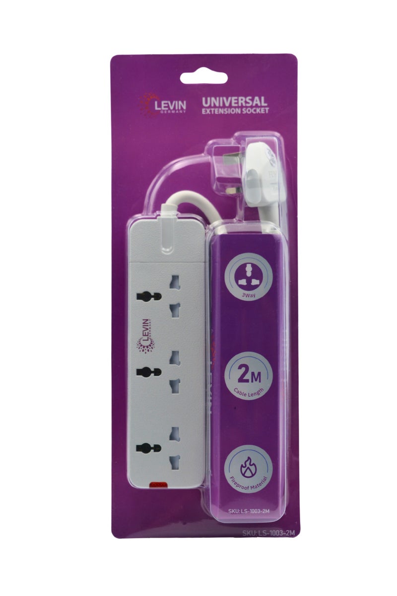 Levin Germany Universal Extension Socket | 3-Way Multi Plug | 2M Cable | Fireproof Material | 3250W High Load | Universal Compatibility | 2-Year Warranty - Image 1