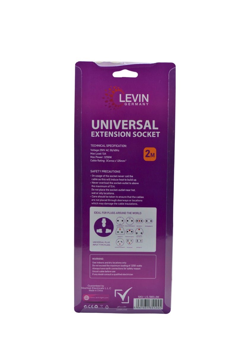 Levin Germany Universal Extension Socket | 3-Way Multi Plug | 2M Cable | Fireproof Material | 3250W High Load | Universal Compatibility | 2-Year Warranty - Image 2