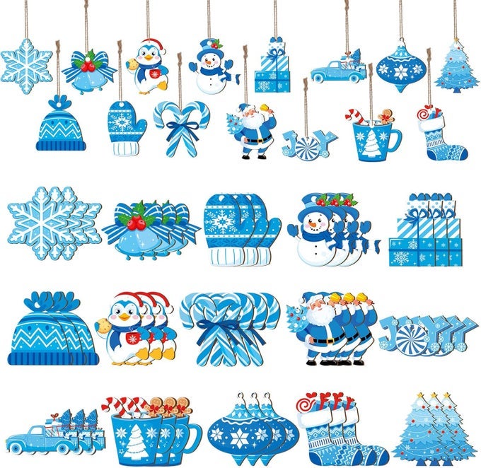 30 PIECES WINTER SNOWMAN ORNAMENTS WOOD SNOWFLAKE TREE ORNAMENTS WINTER BLUE DECORATION INDOOR FOR TREE DECORATIVE HANGING ORNAMENTS CHRISTMAS DECORATIONS FOR PARTY SUPPLIESSOCKS