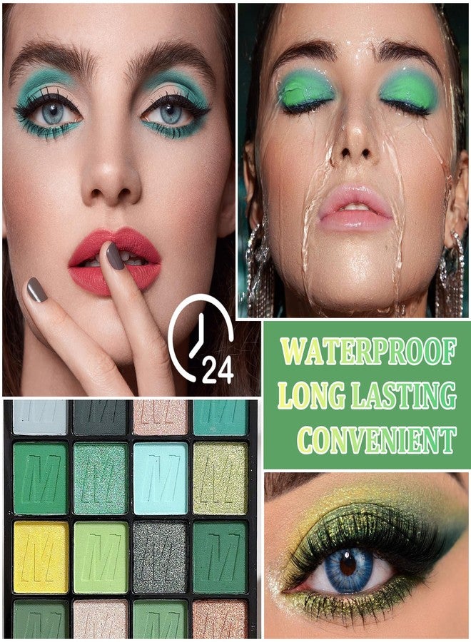 LJYBoBin Green Eyeshadow Palette Makeup,16 Colors Highly Pigmented Long Lasting Waterproof Glitter Eye Shadow Plattet,Blendable Forest Green Yellow Colorful Matte Eyeshadow Makeup Palette for Women - Image 5