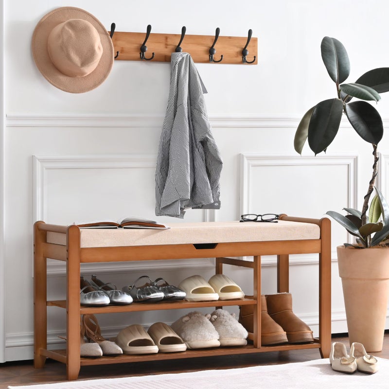 Homman 39.4in Shoe Bench with Coat Rack, 3-Tier Bamboo Entryway Bench Hall Tree Shoe Rack Holds Up to 330lb for Bedroom Hallyway - Image 1