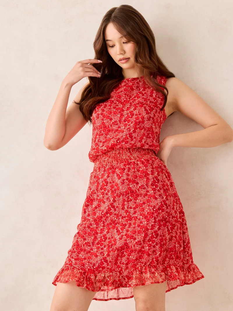 OUTZIDR Red Waist Smocked Fit And Flare Mini Dress