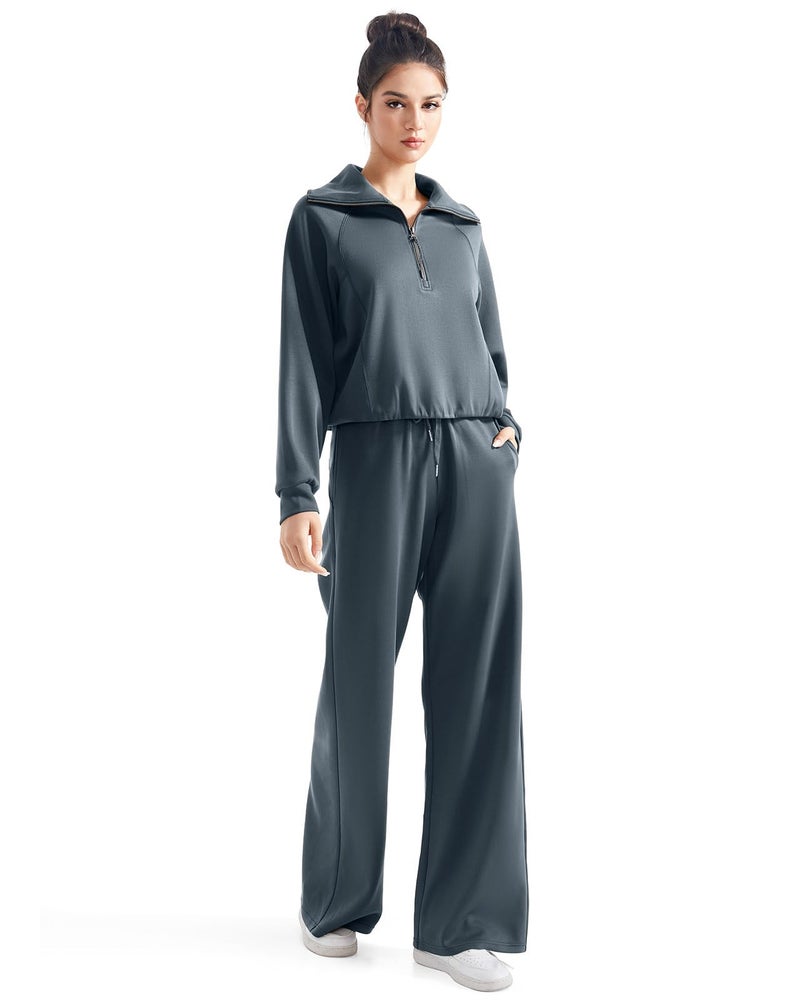 SUUKSESS Women 2 Piece Lounge Matching Sets Wide Leg Sweatpants Half Zip Oversized Sweatshirts (Dark Storm, M) - Image 4