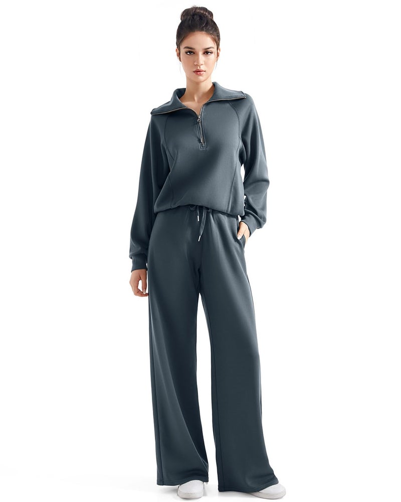SUUKSESS Women 2 Piece Lounge Matching Sets Wide Leg Sweatpants Half Zip Oversized Sweatshirts (Dark Storm, M) - Image 1