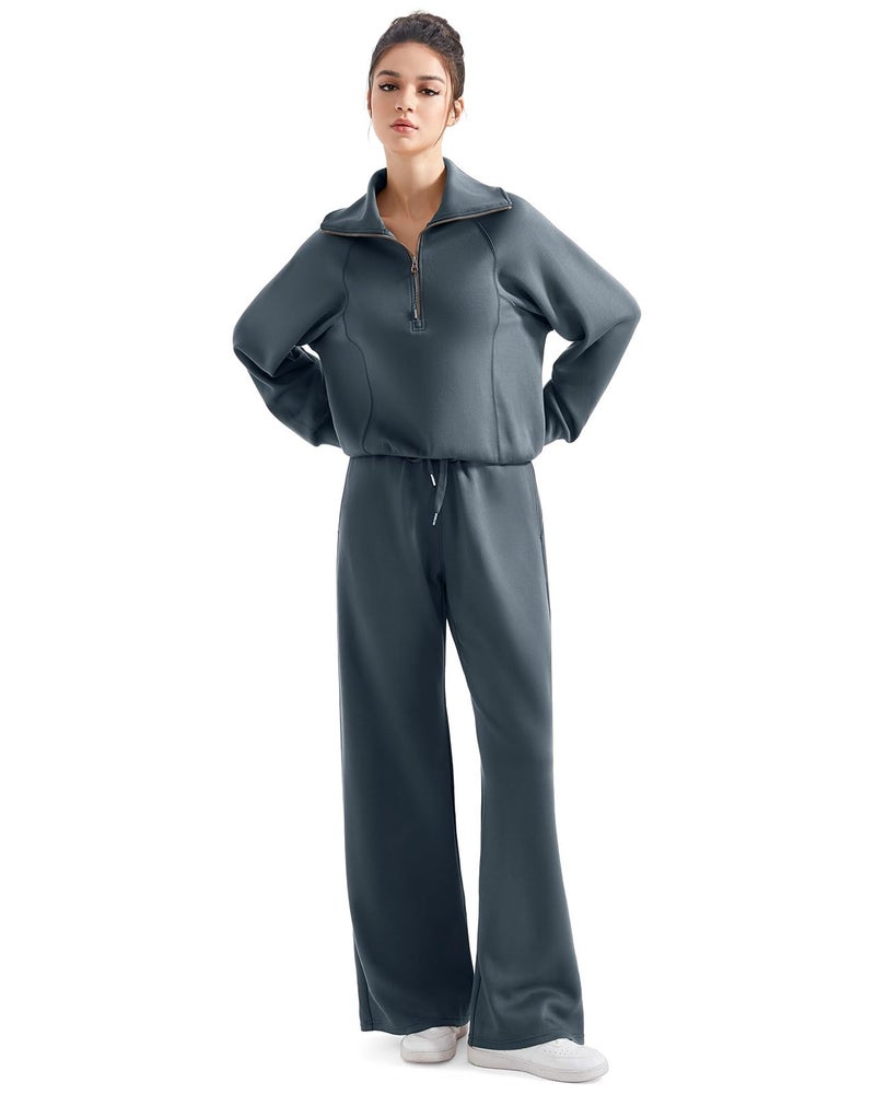 SUUKSESS Women 2 Piece Lounge Matching Sets Wide Leg Sweatpants Half Zip Oversized Sweatshirts (Dark Storm, M) - Image 5
