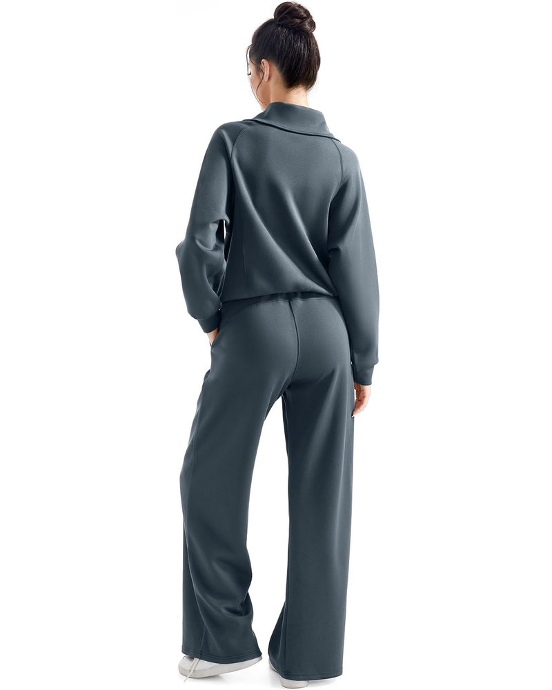 SUUKSESS Women 2 Piece Lounge Matching Sets Wide Leg Sweatpants Half Zip Oversized Sweatshirts (Dark Storm, M) - Image 3