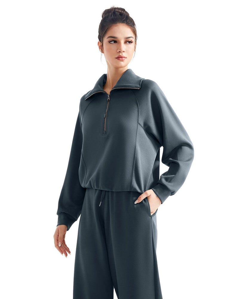 SUUKSESS Women 2 Piece Lounge Matching Sets Wide Leg Sweatpants Half Zip Oversized Sweatshirts (Dark Storm, M) - Image 2
