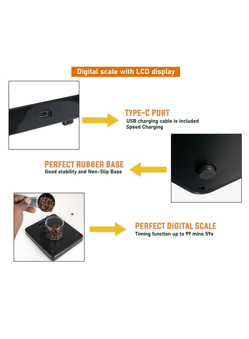 Coffee Scale With Timer Square Pour Over V60 Drip Digital LCD Display For Kitchen Cooking Baking  - Image 4