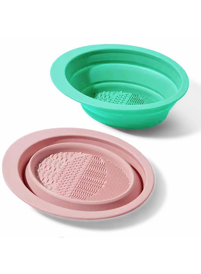 Woosh Makeup Brush Cleaning bowl, Silicone Makeup Brush Cleaning Mat, Cosmetic Brush Cleaner, Foldable Brush Cleaning Pad, Suitable for Makeup Brush, Makeup Sponge, Powder Puff 2 Pack (Green&Pink) - Image 1