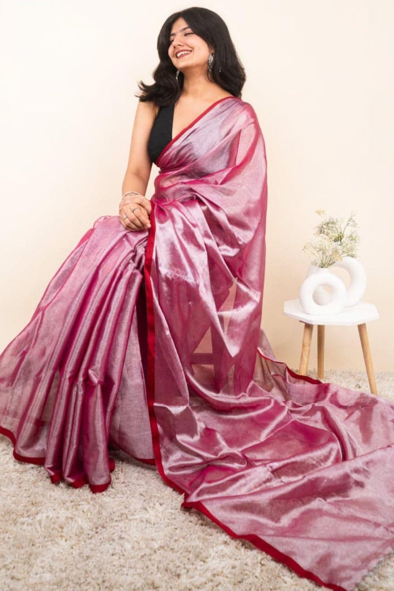 SGF11 Women's Trendy Tissue Soft Silk Saree With Blouse Piece (Pink) - Image 3