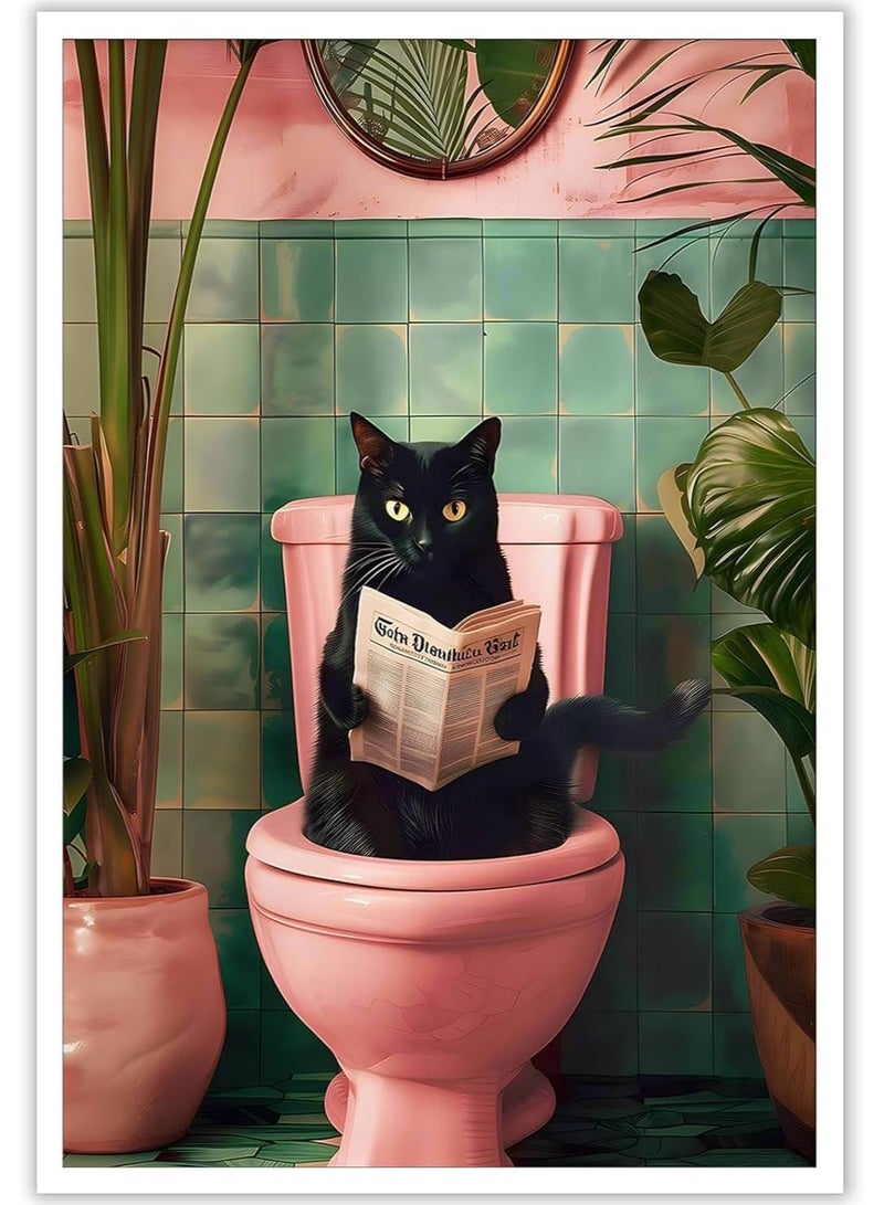Today Idea Cute Black Cat Using Toilet Canvas Art | Funny Bathroom Decor with Cat Reading Newspaper | Botanical Pink Toilet Wall Art for Living Room & Bedroom | 12x16in Unframed - Image 1