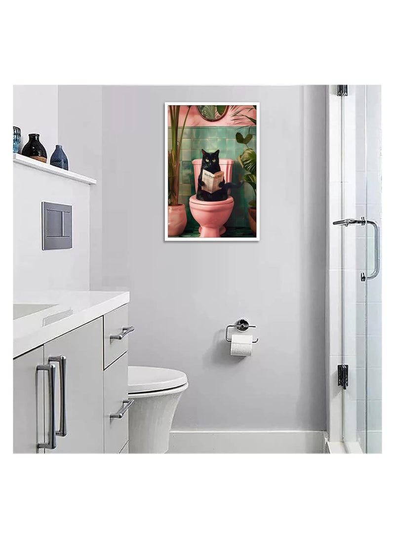 Today Idea Cute Black Cat Using Toilet Canvas Art | Funny Bathroom Decor with Cat Reading Newspaper | Botanical Pink Toilet Wall Art for Living Room & Bedroom | 12x16in Unframed - Image 2