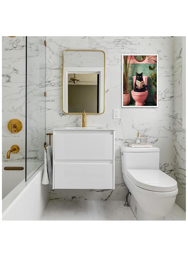 Today Idea Cute Black Cat Using Toilet Canvas Art | Funny Bathroom Decor with Cat Reading Newspaper | Botanical Pink Toilet Wall Art for Living Room & Bedroom | 12x16in Unframed - Image 3