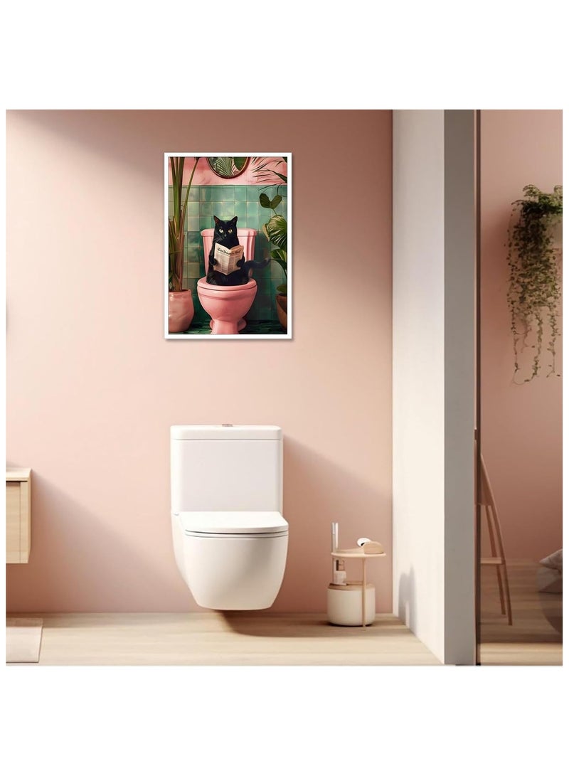 Today Idea Cute Black Cat Using Toilet Canvas Art | Funny Bathroom Decor with Cat Reading Newspaper | Botanical Pink Toilet Wall Art for Living Room & Bedroom | 12x16in Unframed - Image 4