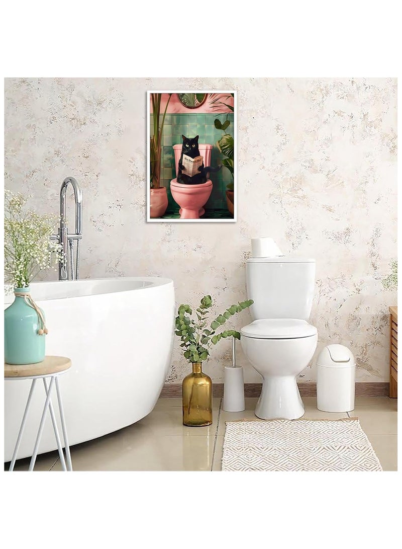 Today Idea Cute Black Cat Using Toilet Canvas Art | Funny Bathroom Decor with Cat Reading Newspaper | Botanical Pink Toilet Wall Art for Living Room & Bedroom | 12x16in Unframed - Image 5