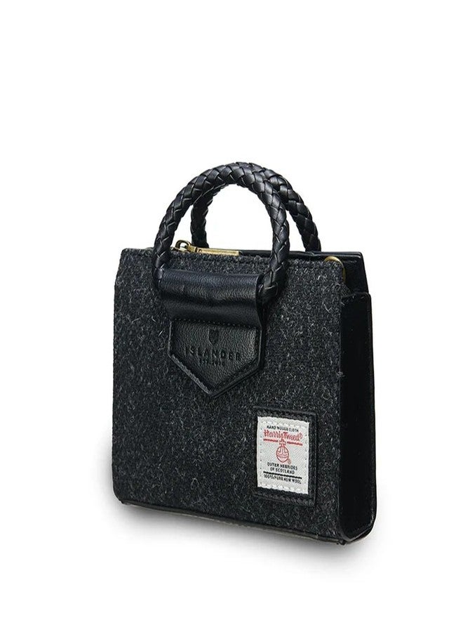 حقيبة Islander The Mini Arran Tote بحزام قابل للفصل مصنوعة من قماش Harris Tweed وجلد المايكروفايبر (أسود بنقشة متعرجة)