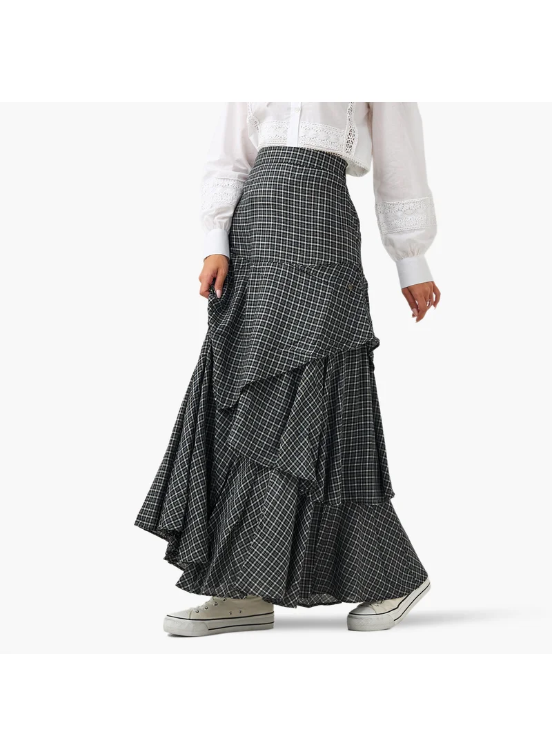 لي كوبر Lee Cooper Checked Layered Maxi Skirt with Semi-Elasticated Waist