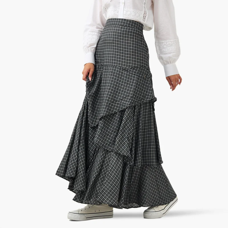 Lee Cooper Checked Layered Maxi Skirt with Semi-Elasticated Waist