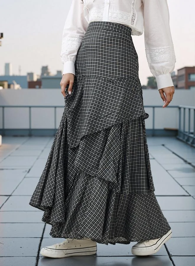 Lee Cooper Checked Layered Maxi Skirt with Semi-Elasticated Waist