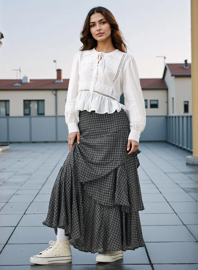 Lee Cooper Lee Cooper Checked Layered Maxi Skirt with Semi-Elasticated Waist