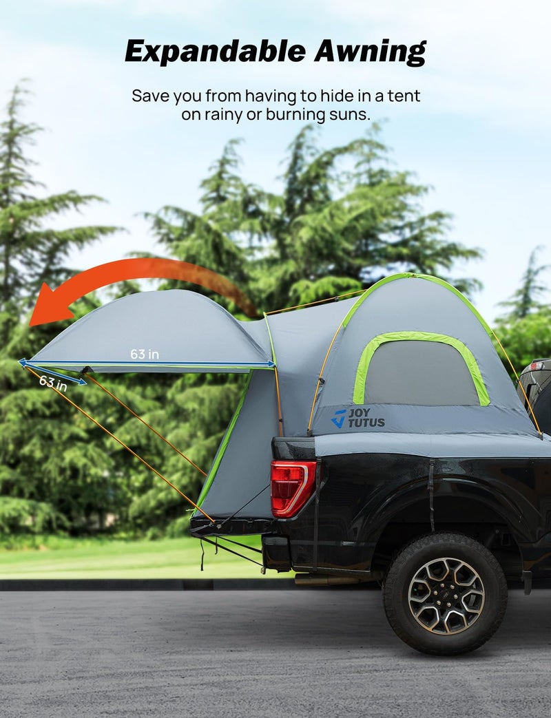 JOYTUTUS Pickup Truck Tent 5.5ft Bed Tent with Removable Awning, Waterproof PU2000mm Double Layer for 2 Person, Portable Truck Bed Tent - Green, Aluminum Pole - Image 3