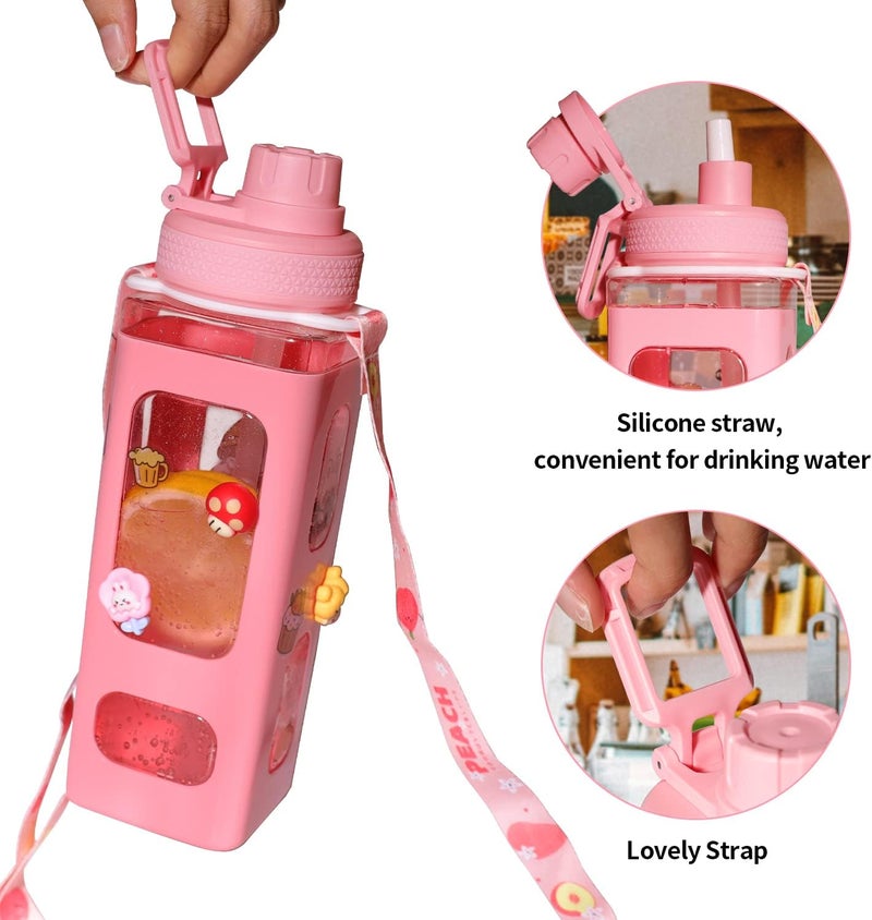 fufeisi Kawaii Water Bottle for Girls,Cute Kids Water Bottles with Straw,700ml Portable LeakProof Bottle With Adjustable Shoulder Strap for School - Image 3