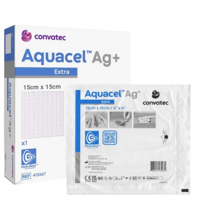 كونفاتيك ضمادات أكواسيل إيه جي بلس إكسترا (Aquacel Ag+ Extra) من كونفاتيك - ضمادة جروح فضية مضادة للميكروبات والبيوفيلم، مقاس 15×15 سم، عبوة 5 ضمادات - Image 2