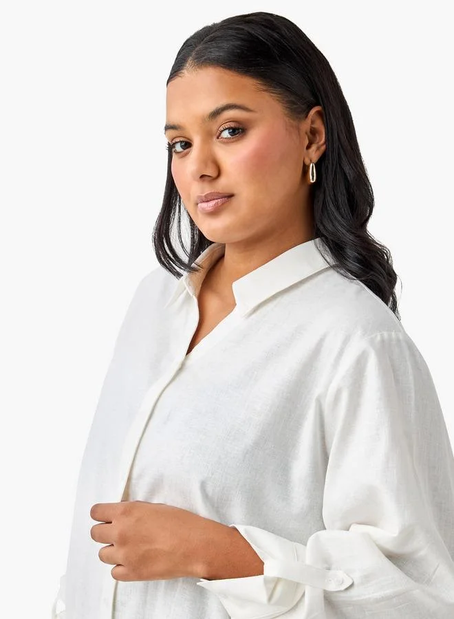 Ulla Popken Plus Size Ulla Popken Regular Fit Linen Blend Shirt with Long Sleeves