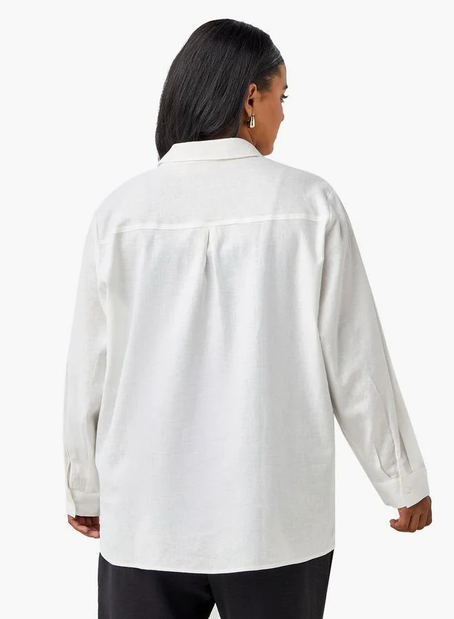 Ulla Popken Plus Size Ulla Popken Regular Fit Linen Blend Shirt with Long Sleeves