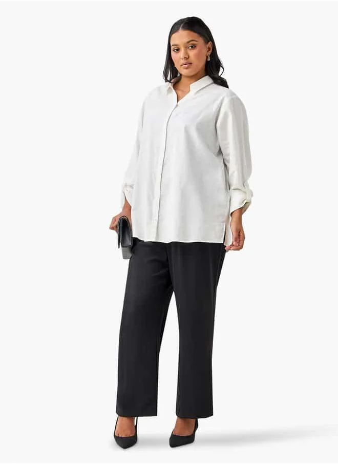 Ulla Popken Plus Size Ulla Popken Regular Fit Linen Blend Shirt with Long Sleeves