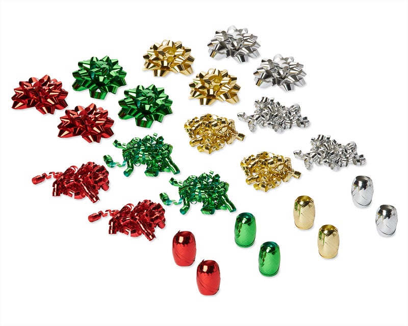 American Greetings Ribbon and Bows for Gift Wrapping Red Green Silver and Gold 24Count