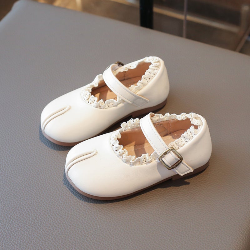 Soft sole PU leather princess single shoes with faux cleft toes, lace details, and wooden ear embellishments - Image 1