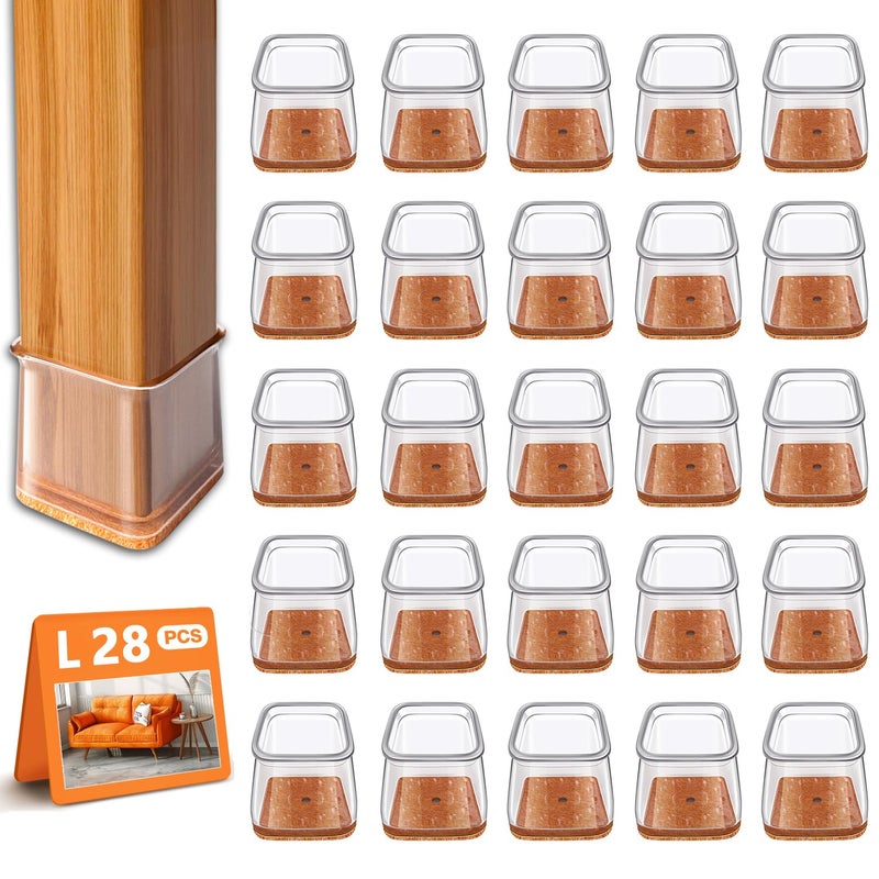 TOMHUA 28Pcs Chair Leg Floor Protectors Square For Hardwood Floors Silicone Caps Felt Furniture Pads Covers Clear Chair Sliders, Protect The Floor From Scratches(Fit:1-1/16"" ~ 1-5/8"") - Image 1
