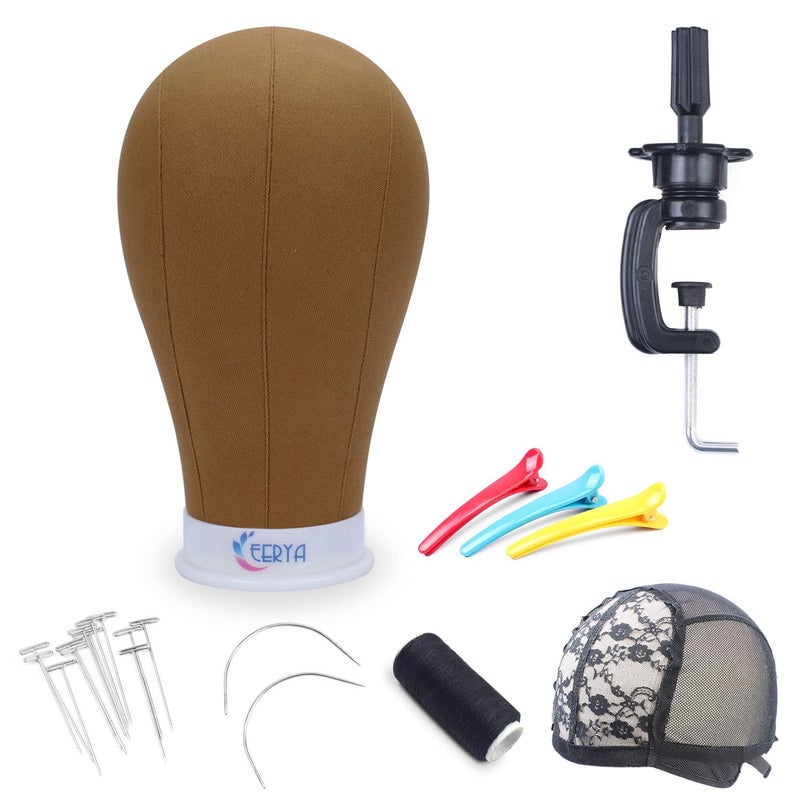 EERYA Wig Head Canvas Block Wig Head Stand 22 Inch Brown