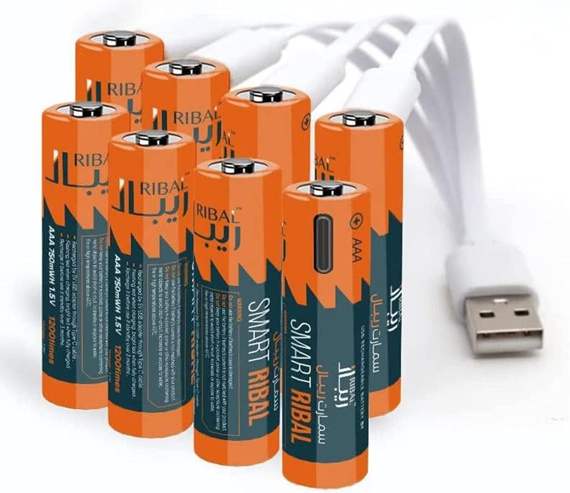 RIBAL Rechargeable AAA Batteries Pack 8-1.5V Remote Size - with Type-C Charging Cable - Long Life Lithium Batteries 1200+ Charging Cycles - Fast Charging - for Remote, Toys, Electronic Devices - Image 1